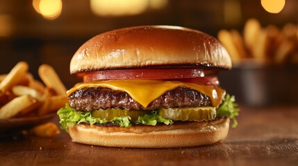 Canvas Print - A closeup showcases a delicious beef burger topped with melted cheese, lettuce, tomato, and pickles, served alongside crispy fries in a warm restaurant atmosphere