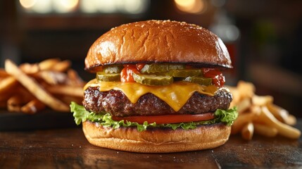 Wall Mural - A close-up view showcases a mouthwatering beef burger topped with melted cheese, fresh lettuce, tomato, and pickles, accompanied by crispy fries on a wooden table