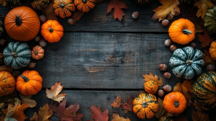 Wall Mural - A closeup view of an assortment of small pumpkins and gourds arranged on a rustic wooden table, accented by scattered autumn leaves