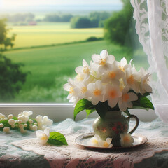 Wall Mural - Jasmine blossom on a lace tablecloth with a field view outside the window