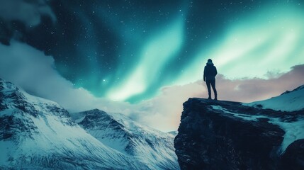 Wall Mural - A figure stands at the edge of a cliff, captivated by the vibrant northern lights illuminating the night sky over snow-covered mountains