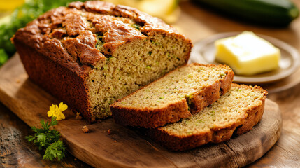 Sticker - a loaf of homemade zucchini bread, sliced and arranged with a pat of melting butter.