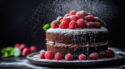 Sticker - a decadent chocolate layer cake, topped with fresh raspberries and a dusting of powdered sugar