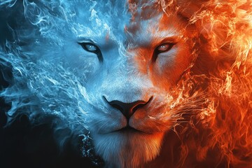 Wall Mural - Lion's Face Emerging from Flames and Ice