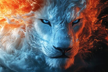 Poster - White Lion's Head Surrounded by Blue and Orange Flames