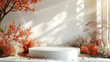 © OHMAl2T - A pristine empty white podium adorned with autumn flowers, set in a delicate arrangement for a product display with soft cinematic lighting