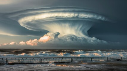 Wall Mural - A large cloud formation over the ocean with a fence in front of it, AI