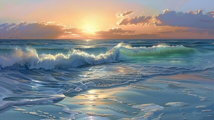 Wall Mural - A stunning painting on the surface of glass of a serene beach scene with gentle waves and a beautiful sunset.
