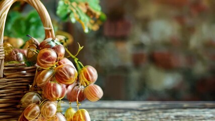 Wall Mural - A wicker basket filled with fresh, ripe gooseberries, set against a natural background.