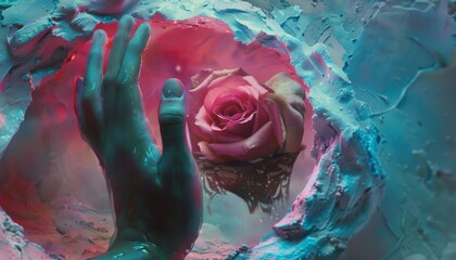 Surreal pastel scene unfolds as a hand emerges from a mysterious hole, attempting to snatch a rose