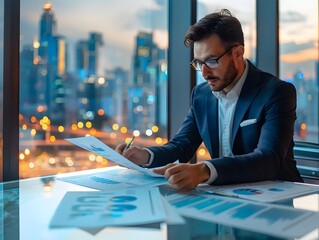 Poster - confident business executive reviewing financial reports overlooking sleek city skyline