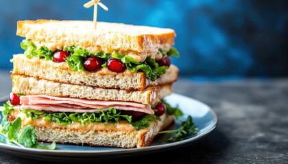 Poster - A delicious club sandwich is carefully stacked on top of each other on a plate for serving