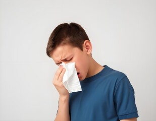 Young Boy With Blond Hair Holding Tissue While Suffering From Cold in Bright Indoor Setting, allergy