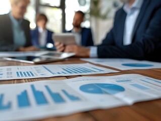 Poster - business leaders discussing financial projections and data visualizations in modern conference room
