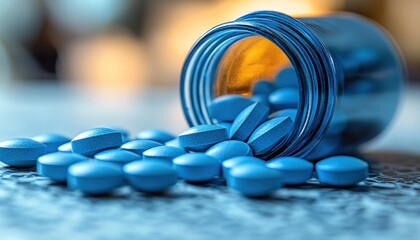 Blue pills are spilling out of a bottle that is placed on a table, creating quite a scene