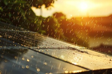 close-up of wet solar panels on rooftop during rain with sun light