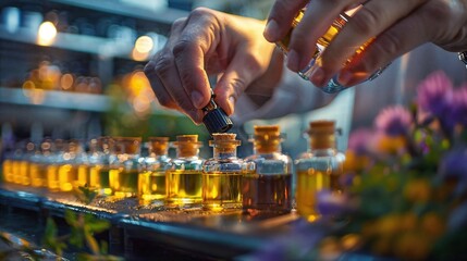 Wall Mural - a person putting a bottle of oil on top of a table