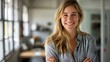 © DayDay Studio - Smiling Young Woman Beautiful Long Hair Confident Friendly Office Environment. AI Generated