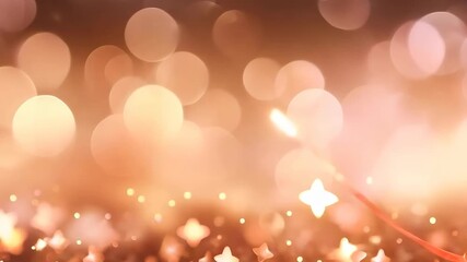 Abstract motion background with peach, pink and gold bokeh sparkles lights. Golden blurred shiny glitter texture. Video animation screensaver. Wallpaper for Christmas, New Year. Mocha mousse color