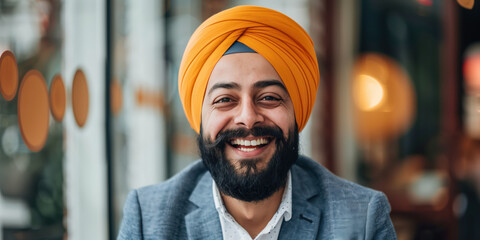 Wall Mural - A happy sikh business person in an office thinking