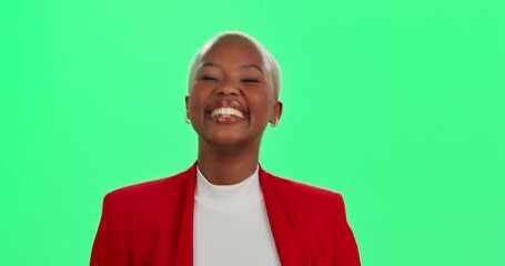 Wall Mural - Green screen, pointing and winner with black woman in studio for choice, motivation or vote. Opportunity, yes and you with portrait of happy person on mockup for decision, selection or success