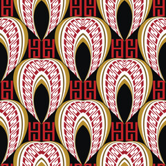 Wall Mural - Tribal ethnic greece ancient style seamless pattern with arches, greek key meanders. Ornate greek arces background. Beautiful colorful curves ornament. Abstract modern fabric pattern. Endless texture.