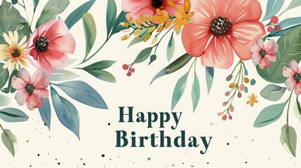 Wall Mural - A vibrant floral arrangement features colorful flowers and green leaves, with a cheerful birthday greeting in the center.