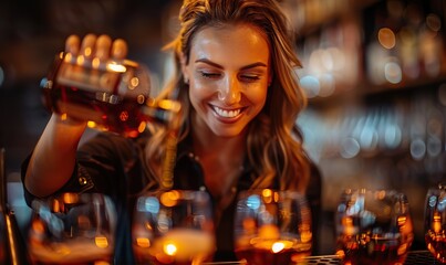 The bartender pours alcohol from the bottle into shot glasses.