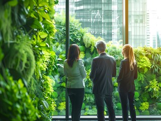 Poster - business team discussing sustainability initiatives in eco friendly office environment