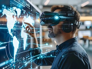 Poster - business leader guiding virtual reality presentation with advanced technology and innovative approac