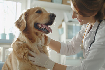 A female veterinarian examines a dog in a raw veterinarian's office. Veterinary clinic for dogs and cats. Concept of how to prevent pets from getting sick