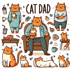 Wall Mural - Cute Cat Dad Cartoon Illustration with Father and Kittens