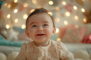 Wall Mural - A baby smiles brightly at the camera. AI.