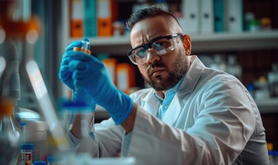 Wall Mural - A scientist in a lab coat carefully examines a sample in a test tube. AI.