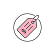 © nobl - Price Tag icon. Illustration of price label with pink color and dollar symbol. Graphic resource of amount of money cost for a product in tag. The tag that show product worth in trade value of money.