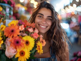 Sticker - A woman smiles brightly as she holds a bouquet of colorful flowers. AI.