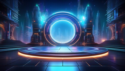 Wall Mural - Create a 3D rendering of a futuristic stage with a large glowing portal in the center. The stage is surrounded by tall buildings and neon lights.