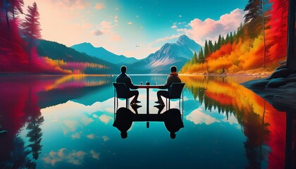 Wall Mural - Two figures sit at a table, reflected in a colorful lake surrounded by mountains and trees.