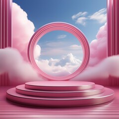 Wall Mural - 3D rendering. Pink podium with a round frame in the clouds. Abstract background for product presentation.