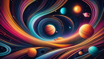 Wall Mural - Abstract cosmic illustration with swirling lines and colorful planets.