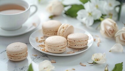 Wall Mural - a white plate topped with macaroons next to a cup of coffee