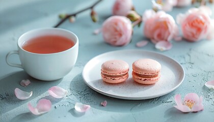 a cup of tea and two pink macaroons on a plate