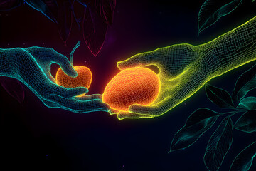 Wall Mural - Neon kumquat being peeled isotated on black background.