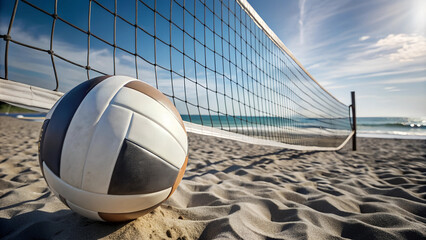 Volleyball on a sandy beach under a bright blue sky with a net in the background, ideal for sports and summer themes