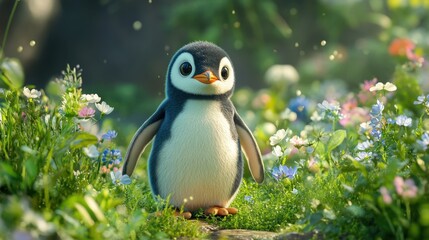 A charming penguin standing on a lush green meadow, surrounded by wildflowers.