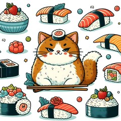 Wall Mural - Cute Cat with Sushi