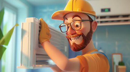 A technician installing a new air conditioning unit. Animated character, C4D model rendering, 3D rendering - Generative AI