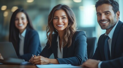 Wall Mural - A diverse group of business professionals smiles while collaborating in a modern office