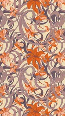 Wall Mural - Floral Pattern with Swirls in Orange and Purple Tones