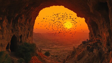 Sticker - Cave Sunset with Birds Flying in Silhouette